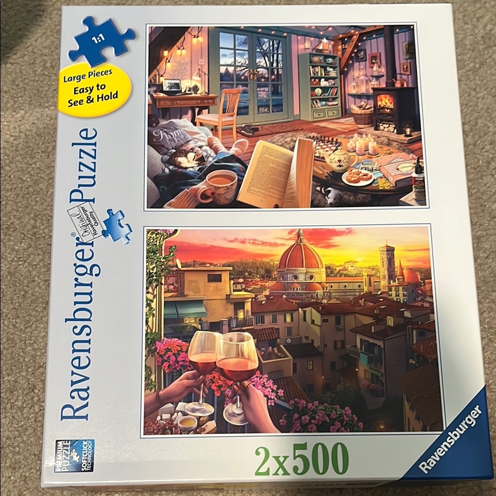 TWO puzzles for price 
Of one 
Ravensburger Scenic Blue Puzzles 2x500 Pieces